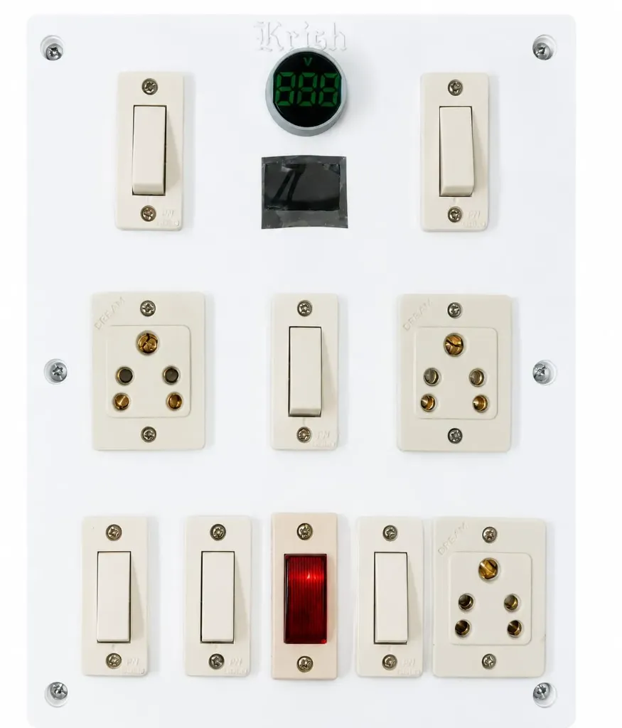 [GNK-BOD-10-1M] Krish Premium Modular Switch Board with Digital Voltmeter, Heavy Duty 16A Power Board, 6 Switches & 3 Sockets, Heat Resistant & Shock Proof Board for Home/Office, 1 Meter Wire Included
